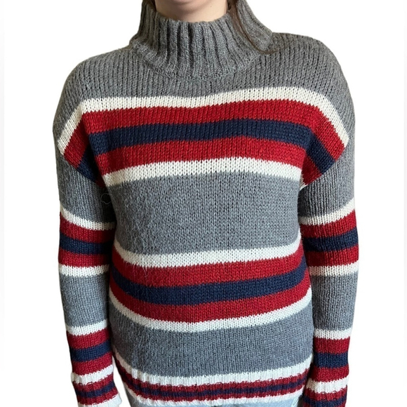 Kismet Striped Knit Mock Neck Sweater - Medium Red Grey Navy White Cozy - Picture 3 of 10